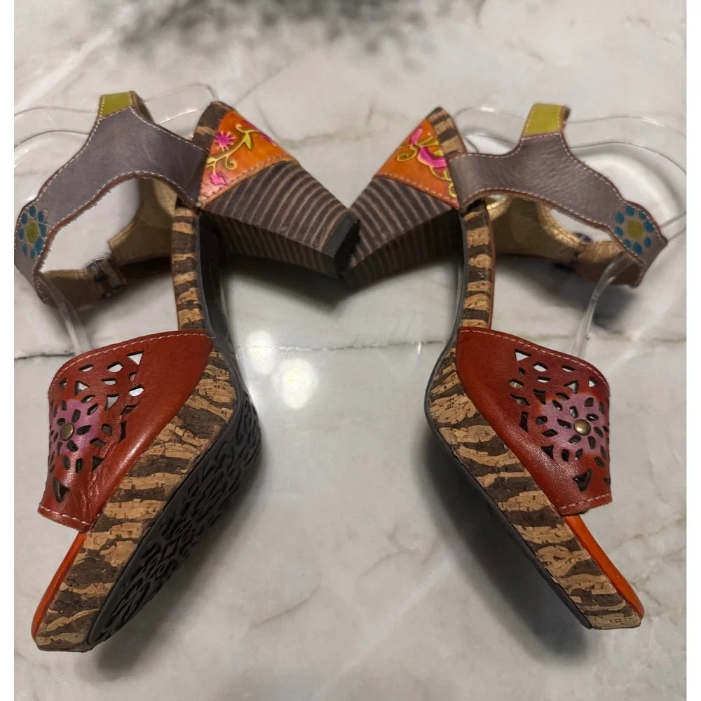 L'Artiste Spring Step Sharyn Leather Sandals Floral Hand Painted Boho Heel 39